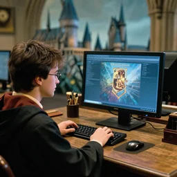 Photo of Harry Potter using a computer in Hogwarts
