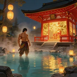 muscular warrior standing in cozy ethereal empty onsen next to grand japanese pogota red and gold by greg rutkowski craig mullins ross tran mucha levitating lanterns lumen reflections matte painting fantasy specular lighting trending on artstation