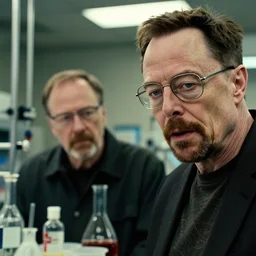 a still from breaking bad of elon musk and walter white in a meth laboratory, 8k, close-up