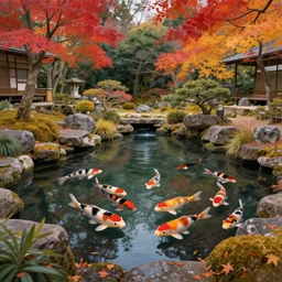 beautiful matte painting of a japanese koi pond in the center of a japanese autumn garden