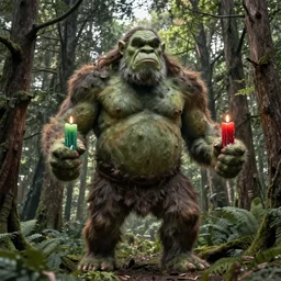 a giant ogre standing tall above the trees holding a green candle in one hand and a red candle in the other