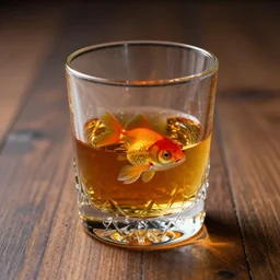 on a wooden floor there is a  single crystal glass filled with whiskey and one goldfish swimming inside, close up view, dramatic lighting, DOF, caustics, soft, sharp focus, art nouveau, intricate concept artwork by Greg Rutkowski and Lucas Staniec