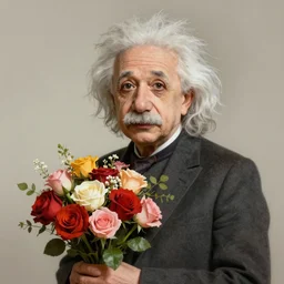 portrait of einstein, holding a bouquet of flowers ， exude an eternity ， hyperrealistic, by beeple, greg rutkowski, caspar david friedrich, smooth, illustration, elegant, artstation, digital painting.
