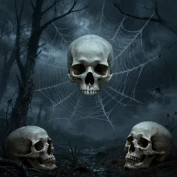 skulls and cobwebs by Simon Stalenhag, beautiful lighting, stormy weather