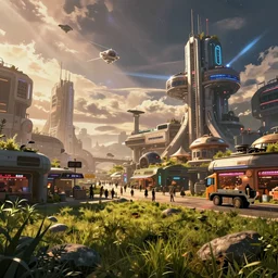 night city, beautiful, cyberpunk 2 0 7 7, star citizen, star wars, market, beautiful, cinematic view, epic sky, detailed, concept art, low angle, high detail, warm lighting, volumetric, godrays, vivid, beautiful, trending on artstation, by jordan grimmer, huge scene, grass, art greg rutkowski