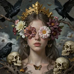 ornate, intricate, young, beautiful, woman, realistic portrait, ethereal, flowers covering eyes, skulls, art by emil melmoth, gustave dore, craig mullins, yoji shinkawa, art germ, pete morbacher, david lynch, hyper detailed, high detail, artstation, hyperrealistic, unreal engine 5, ravens, branches, ghost, clouds, colors, moths, gold, morbid headpiece,