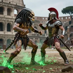 the predator fighting a spartan warrior in a roman coliseum, green glowing fluid on the ground and on the predator