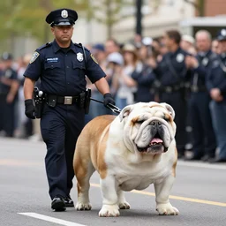 giant english bulldog with police escort at parade, live footage, 4 k