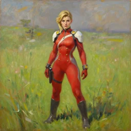 oil painting of tracer overwatch in a field of grass wearing red uniform, in style of ivan aivazovsky, expressive face, detailed face, detailed eyes, full body, feminine face