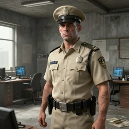 zombie sheriffs officers beige uniform and caps in brutalist concrete office trending on artstation high detail digital painting 4 k 8 k hd