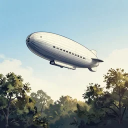 an airship skimming the tree tops at dawn, 4k, bright colors, dark linework