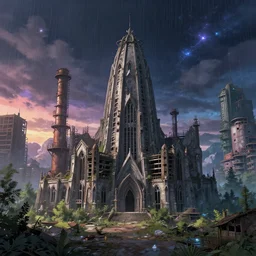 a beautiful detailed render of abandoned city industrial architecture architecture church unfinished building nature by norman foster, vaporwave cosmic rainforest studio ghibli at dawn laser anime at dusk nightsky, archdaily, wallpaper, highly detailed, trending on artstation.
