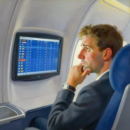 airplane watching worried a screen with flight information. painting by moebius