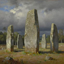 runestone, megalithic, monument, nature, trees, focused, centered, very detailed, norse, histor, oil painting
