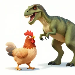 an image of a 🐔 attacking a big 🦖