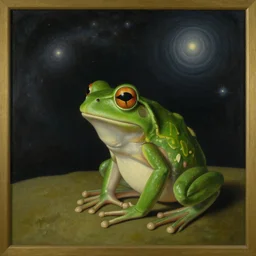 a painting of a frog and the universe in the style of Renee Magritte