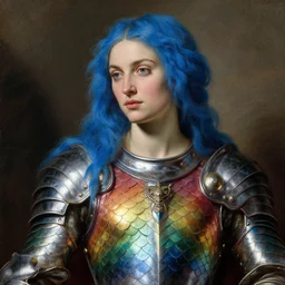 seductive saoirse ronan, cerulean hair, wearing rainbow colored scales armour, oil painting by titian, hard focus
