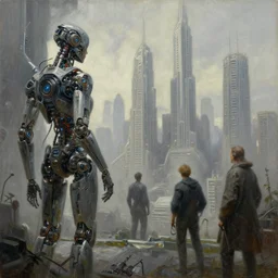 cinematic view of a futuristic city from left, futuristic, robotic enhancements, desaturated, tim hildebrandt, wayne barlowe, bruce pennington, donato giancola, larry elmore, oil on canvas, masterpiece, trending on artstation, featured on pixiv, cinematic composition, dramatic, beautiful lighting, sharp, details, hyper - detailed, hd, hdr, 4 k, 8 k