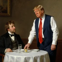 donald trump working as a waiter, waiting on a table, matte painting, extreme detail, trending on artstation, by isaac levitan and asher brown durand,