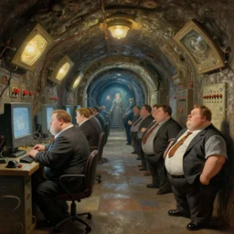 underground tunnels inhabited by chubby white businessmen, mechanical computers, lights and switches, portal to the dreamworld, baroque oil painting