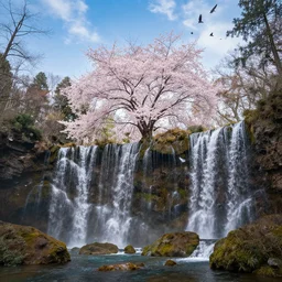 a majestic cinematic realistic photoshoot of a beautiful forest with waterfalls, beautiful blue sky's, and birds, with a giant cherry blossom tree in the center, 4 k, coherent, incredibly detailed
