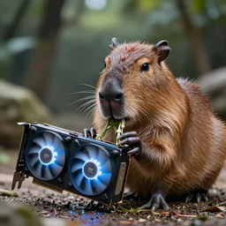 cute capybara eating a neon nvidia gpu, chewing on a video card, cooling fans, soft blue lights, wildlife photography, bokeh, sharp focus, 3 5 mm, taken by sony a 7 r, 4 k, award winning