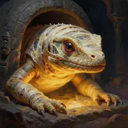 close - up view of a reptile mummy emerging from a glowing ancient tomb. pulp sci - fi horror by basil gogos. tim jacobson. emsh. sharp focus. highly detailed painting. dark background