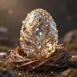 in the magic nest, a crystalized. symmetrica beautiful distinct mystical creature egg covered with electroplated glossy scales with many details., game asset, octane render, depth of field, artstation, by greg rutkowski, loish, ferdinand knab, in dark, warm toplight 8 k