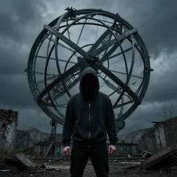 a mysterious man wearing a hoodie with face shrouded in darkness standing before the ruin of an enormous armillary sphere, dark and forboding, realistic