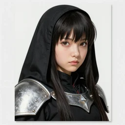 card art of a dwarf girl wearing black robes with silver metallic parts, makoto shinkai, very detailed, realistic face, detailed face, matte, tonemapping, bbwchan, perfection, 4K, William-Adolphe Bouguereau