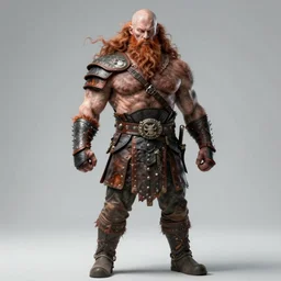 middle aged balding ginger viking with flowing long wavy hair, wearing leather armor, very muscular, very pale skin, very hairy, shirtless, very tall, strong, powerful, majestic, imposing, full body picture, 4 k