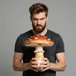 angry handsome bearded young man holding a big mushroom