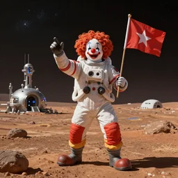 clown astronaut on mars, scifi colony in the distance, cinematic style, highlight, clown flag, colorful suit, futuristic circus, heroic pose, masterpiece, space, planet, artstation, art by bingyi huang and jan urschel