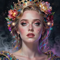 kirsten dunst, portrait, colorful and vibrant majestic, royal, open wide eyes, drops of tear with flowers on her hair, glowing light orbs, intricate concept art, elegant, digital painting, smooth, sharp focus, ethereal opalescent mist, outrun, vaporware, cyberpunk darksynth, ethereal, ominous, misty, 8 k, by ruan jia and miho hirano, rendered in octane
