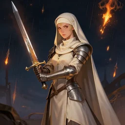 A celtic-looking valkyrie nun wearing lightweight armor and wielding a splinter sword, at night, with a flame arrow rain on the background, award-winning digital art, Greg rutkowski, Trending artstation