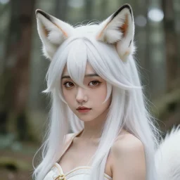 portrait of a cute anime foxgirl in a forest, long white hair, white fox ears, detailed face, trending on artstation, art by Krenz Cushart and Ross Tran