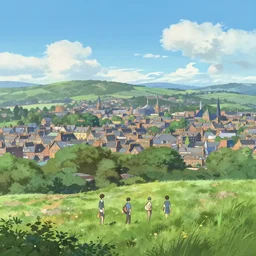 a beautiful field landscape illustration of a big town with a eldritch by a london surrounded by rolling hills, blue sky with a few clouds bytom haugomat serena malyon makoto shinkai, dan mumford, maxim shirkov, alex pogrebniak, robin gundersen trending on artstation, featured on behance