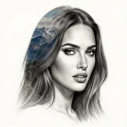 realism tattoo sketch of a megan fox face double exposure photoshop with mountain scenery, in the style of matteo pasqualin, amazing detail, sharp, faded