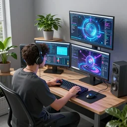 detailed techno dj nerd making music scifi artstation scene of a complex computer workstation in a small studio apartment room, a potted plant, many monitors, many electronics, a window view, window curtain, maximalism, ambient occlusion, volumetric light, sunny amber morning light, sun beam, atmospheric haze, unreal engine, hyperrealism, realistic shading, blender render, photorealistic, wide shot