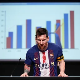 angry messi in a stadistics conference, with bar graphs in the background
