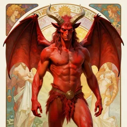 red demon tyler posey in a loincloth, large horns, bat - wings, handsome, vivid colors, background, alphonse mucha, rhads, ross tran, artstation, artgerm, octane render, 1 6 k