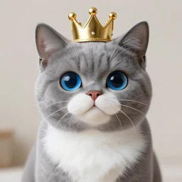 gray anthropomorphic, cat female with a whit and chest, wearing a golden crown, big blue eyes, plushy