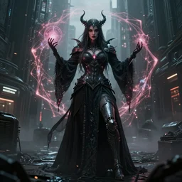 cyborg female necromancer dark magic summoning ritual, highly detailed full body portrait, scifimedieval gothic cyberpunk city background, special effects, cinematic lighting, grimdark atmosphere, sparks, energy shield, highly detailed, futuristic street, foggy weather, masterpiece, trending on artstation, art by eddie mendoza