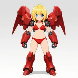 digital anime art. cute girl. red mech arms and red mech legs. blue eyes!!!. gold short hair!!!. red bikini. full body!!!. wlop, rossdraws