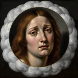 renaissance painting of a weeping face enclosed in a circular cloud, painted by raffaello
