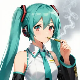 hatsune miku smoking weed, smoke coming out of her mouth, bloodshot eyes, artstation, 4 k