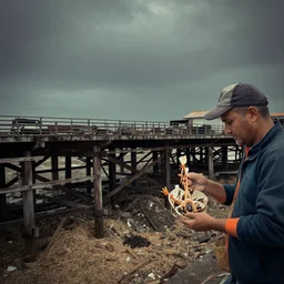 muted colours, dark sky, omnious atmosphere : i was sent by a courier service to pick up various insects that were tied into street food somehow. i was looking for the insects along a vast, rickety pier with huge steel girders running across it and a very steep decline below into a midden of sawdust