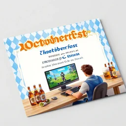 large computer table octoberfest invite card, a man sitting at his desk on his computer, playing fortnite, beer bottles, photoshoot, 4 k, hyper realistic, natural, highly detailed, digital illustration, trending in artstation, classical painting, smooth, sharp focus art by ilya repin