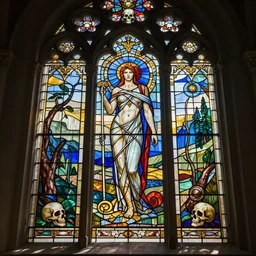 hyperdetailed photorealistic ultrasharp octane render of a memento mori stained glass window by cameron gray and louis comfort tiffany, gothic ornament, skulls, art nouveau,