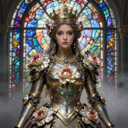 hyperdetailed portrait of beautiful queen's flower armored girl in the mist. by greg rutkowski, highly detailed portrait, digital painting, artstation, concept art, smooth, sharp foccus ilustration, artstation hq. intricate, elegant. art by wlop and artgerm and greg rutkowski and alphonse mucha, masterpiece. medium shot. stained glass
